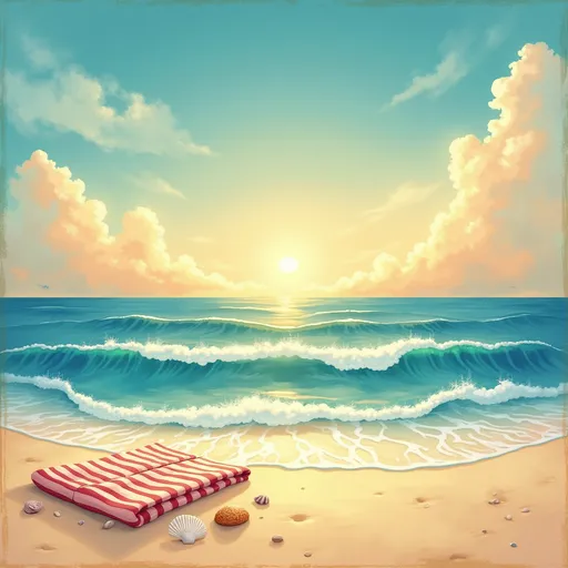 Prompt: Zoom background of a retro beach scene with layered blue & gold horizon stripes and grain texture