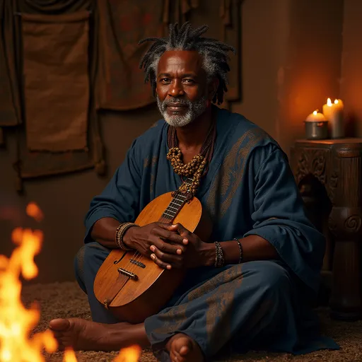 Prompt: 
“Photorealistic portrait of an African griot seated by firelight, wearing a richly textured indigo-dyed robe and beaded neckpiece, holding a wooden kora across their lap. Their face is expressive—eyes bright with wisdom and a gentle, knowing smile—framed by salt-and-pepper dreadlocks wrapped with leather cords. Warm earth-toned background with hints of woven tapestries and ancient scrolls, soft candle glow illuminating carved wooden stools and earthen walls, capturing the timeless spirit of storytelling and cultural heritage.”
