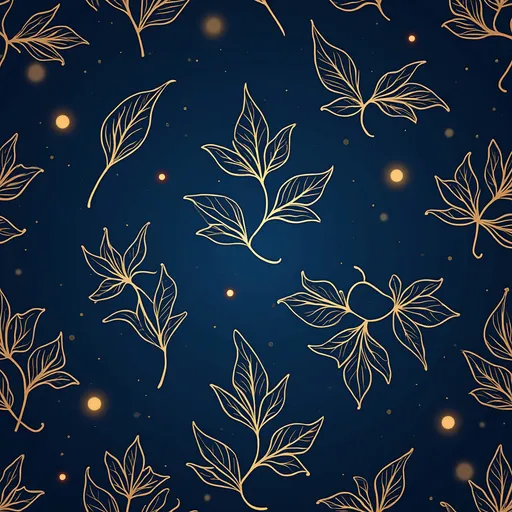 Prompt: Seamless vector pattern of abstract leaves in gold outlines on blue, SVG