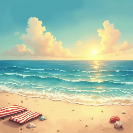 Prompt: Zoom background of a retro beach scene with layered blue & gold horizon stripes and grain texture