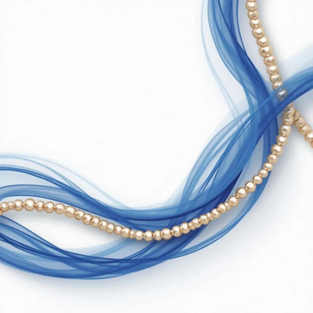 Prompt: Create an elegant digital design featuring flowing royal blue and gold curved lines intertwined gracefully across a white background. Incorporate a string of lustrous pearls arranged in a gentle curve, adding a touch of sophistication and refinement. The composition should have a polished and professional feel, leaving ample space in the center for text or a logo to be added later. No text or logos should be included—just the decorative elements.