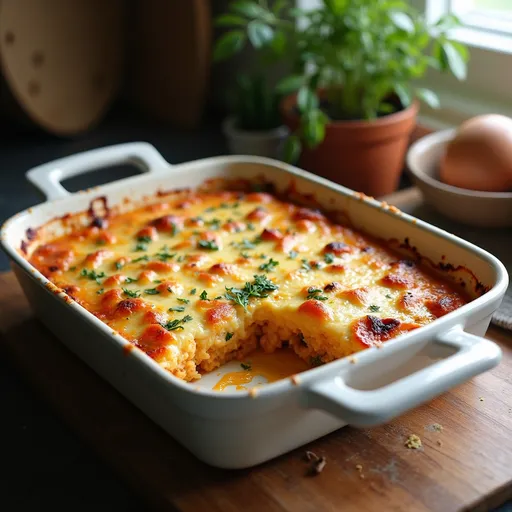 Prompt: “High‑resolution photo‑style image of a stoneware casserole dish on a kitchen counter, fresh out of oven with bubbling cheese and roasted veggies, soft natural light.”