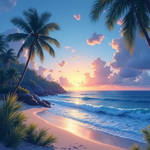 Prompt: 16:9 Zoom background of a blue sunset over a tropical beach with gold fronds in the foreground, digital wallpaper
