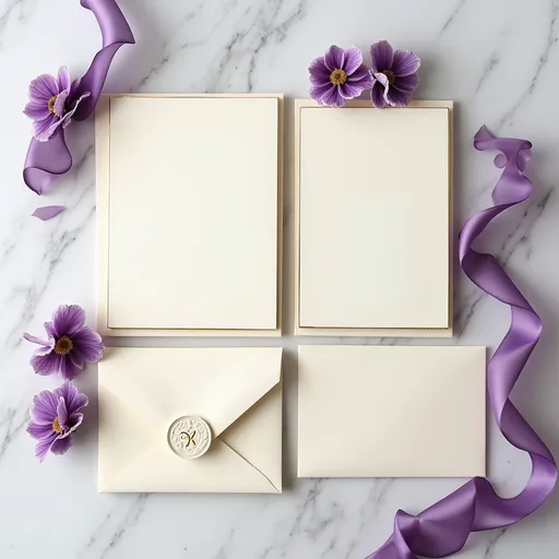Prompt: A high‑resolution flatlay of a wedding invitation suite: a thick cream invitation card with gold foil trim, a matching RSVP card, a delicate program pamphlet, and a wax‑seal envelope, artfully fanned out on white marble. Deep purple floral illustrations peek from the corners. Ethereal lavender smoke swirls softly at the edges. No visible text. Romantic, soft lighting for an elegant, upscale feel.
