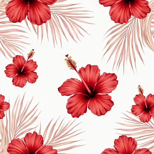 Prompt: A seamless clipart sheet of red hibiscus and white palm leaves, watercolor style, PNG transparent background