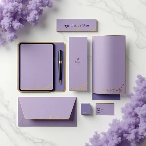Prompt: A high‑resolution flatlay showcasing a conference stationery suite: an unfolded agenda booklet, a sleek digital invite mockup on a tablet screen, and a branded table‑tent signage card, all arranged on a smooth white marble surface. Elegant gold foil edges and deep purple accents on each piece. Soft lavender smoke wisps curl around the edges. No visible text. Warm, diffused lighting for a professional, luxe look.
