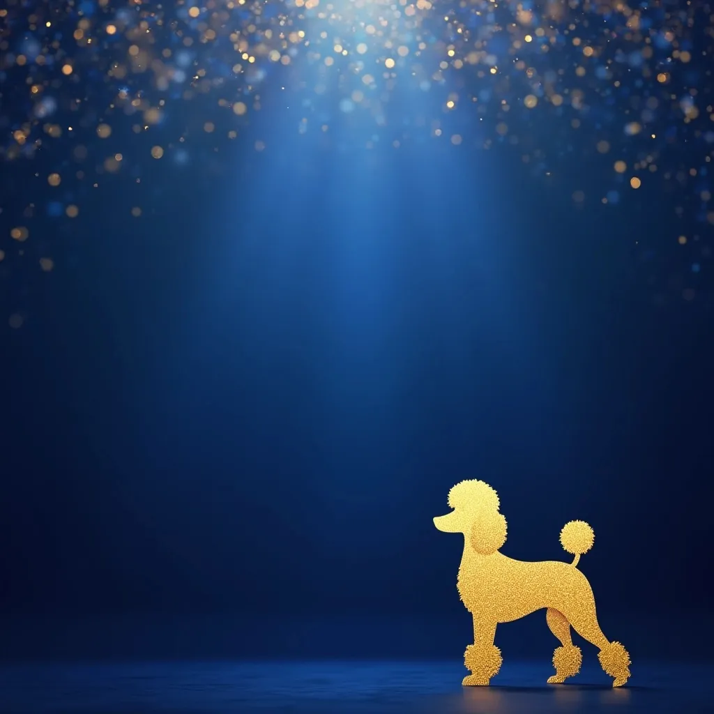 Prompt: A luxurious, elegant background in royal blue and gold tones, with soft gradient lighting and subtle shimmer. The center of the image should be gently faded or blurred to allow for text placement, with no text or lettering included in the image itself. In the lower right corner, include a stylized, artistic golden or deep blue poodle silhouette—regal and graceful, not cartoonish. The aesthetic should be upscale, feminine, and clean—perfect for a sorority-themed minibar display. No additional elements like crowns, pearls, or logos. Leave space around edges for cropping or trimming.
