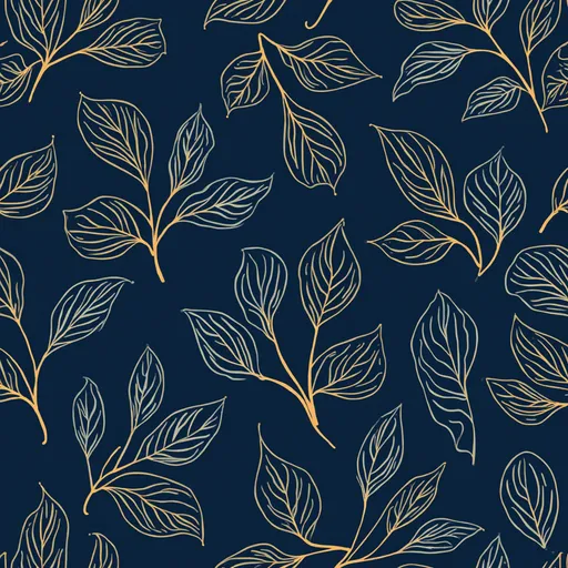 Prompt: Seamless vector pattern of abstract leaves in gold outlines on blue, SVG