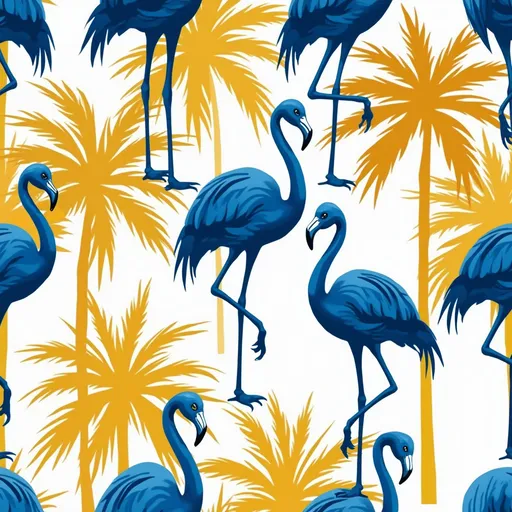 Prompt: Repeating pattern of stylized royal blue flamingos and gold palm silhouettes, vector SVG cut‑file