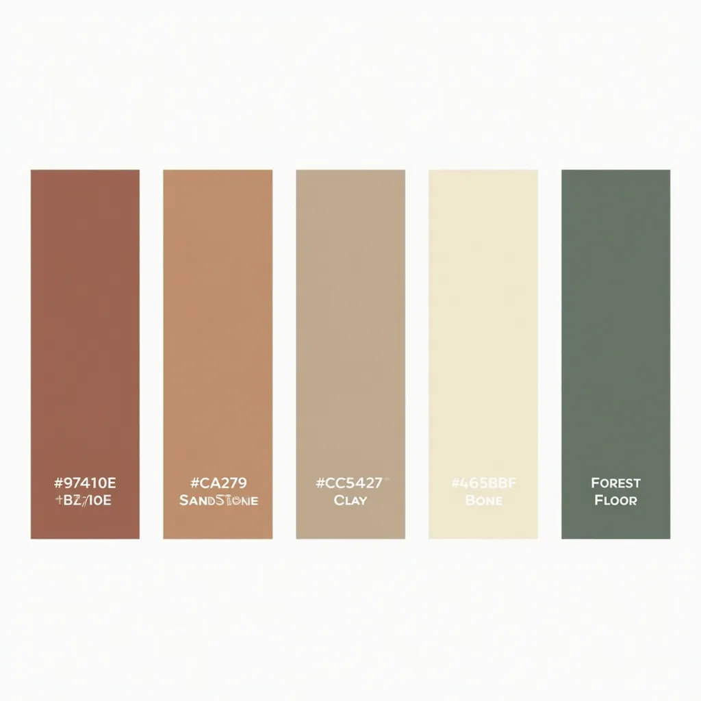 Prompt: “A clean, minimalist color swatch displaying five equal-width horizontal panels side by side. From left to right, the panels are filled with:
1. #B7410E Rust  
2. #C2A279 Sandstone  
3. #9C5427 Clay  
4. #E6D5B8 Bone  
5. #4C5B3F Forest Floor  

Each hex code and name is centered beneath its panel in a simple sans-serif font on a white background. Overall style is modern and flat, with no textures or shadows.”
