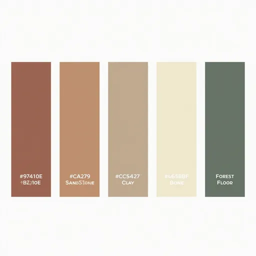 Prompt: “A clean, minimalist color swatch displaying five equal-width horizontal panels side by side. From left to right, the panels are filled with:
1. #B7410E Rust  
2. #C2A279 Sandstone  
3. #9C5427 Clay  
4. #E6D5B8 Bone  
5. #4C5B3F Forest Floor  

Each hex code and name is centered beneath its panel in a simple sans-serif font on a white background. Overall style is modern and flat, with no textures or shadows.”
