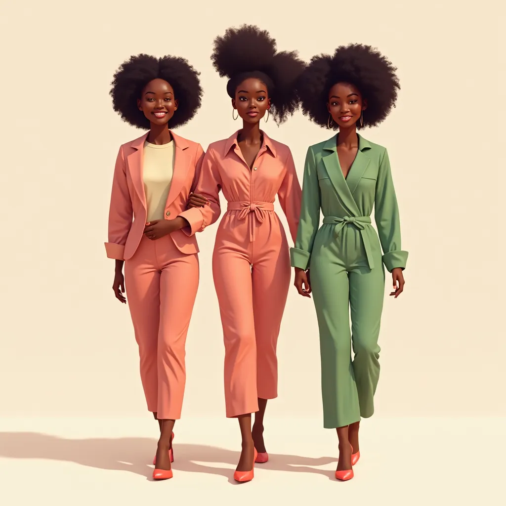 Prompt: "Digital illustration of three Black sister figures walking arm-in-arm, wearing salmon pink and apple green casual outfits with heels and natural hairstyles. Light glow aesthetic."