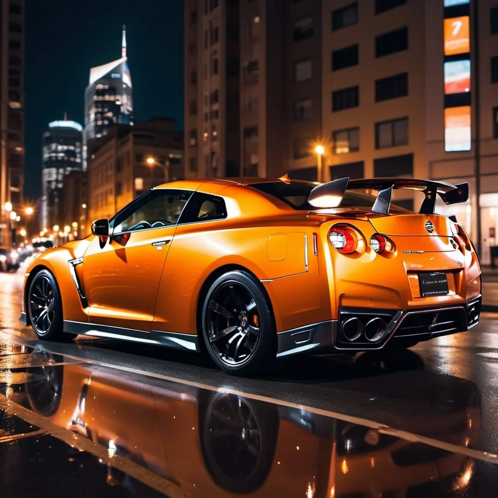 Prompt: An orange nissan gtr parked on a city street at night, with tall buildings and a night sky in the background from the side view