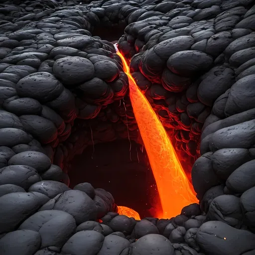 Prompt: Hot rock like lava is pouring down into a hole below underg