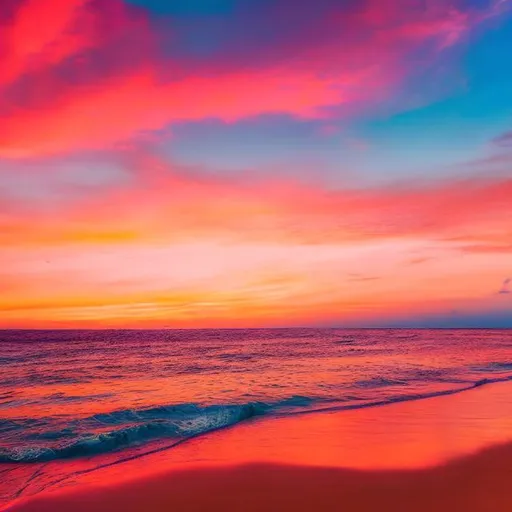Prompt: Sunset beach, pink-orange sky, blue ocean, high quality,
