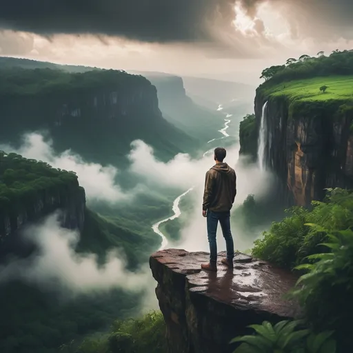 Prompt: Man standing on a cliff overlooking a breathtaking landscape, rain cascading down, vibrant lush greenery all around, moody, atmospheric light through the clouds, peaceful and serene ambiance, soft mist, tranquil vibes, captured from behind, emphasizing the connection with nature, (ultra-detailed), (HD), captivating scenery, (warm earth tones) accentuating the emotion of the moment.