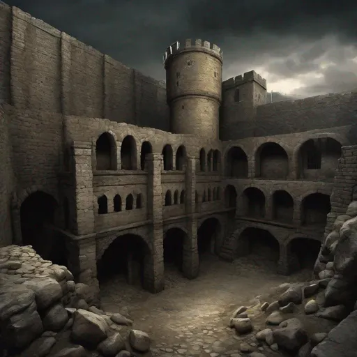 Prompt: Medieval prison in massive several stories deep dirt pit, adjacent building, rugged stone walls, dark and foreboding atmosphere, medieval