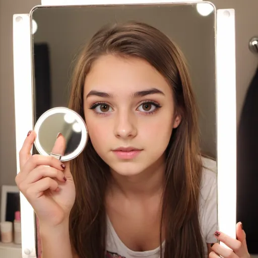 Prompt: A teenage girl with brown hair brown eyes, taking a mirror pic with a face full of make up looking really pretty
