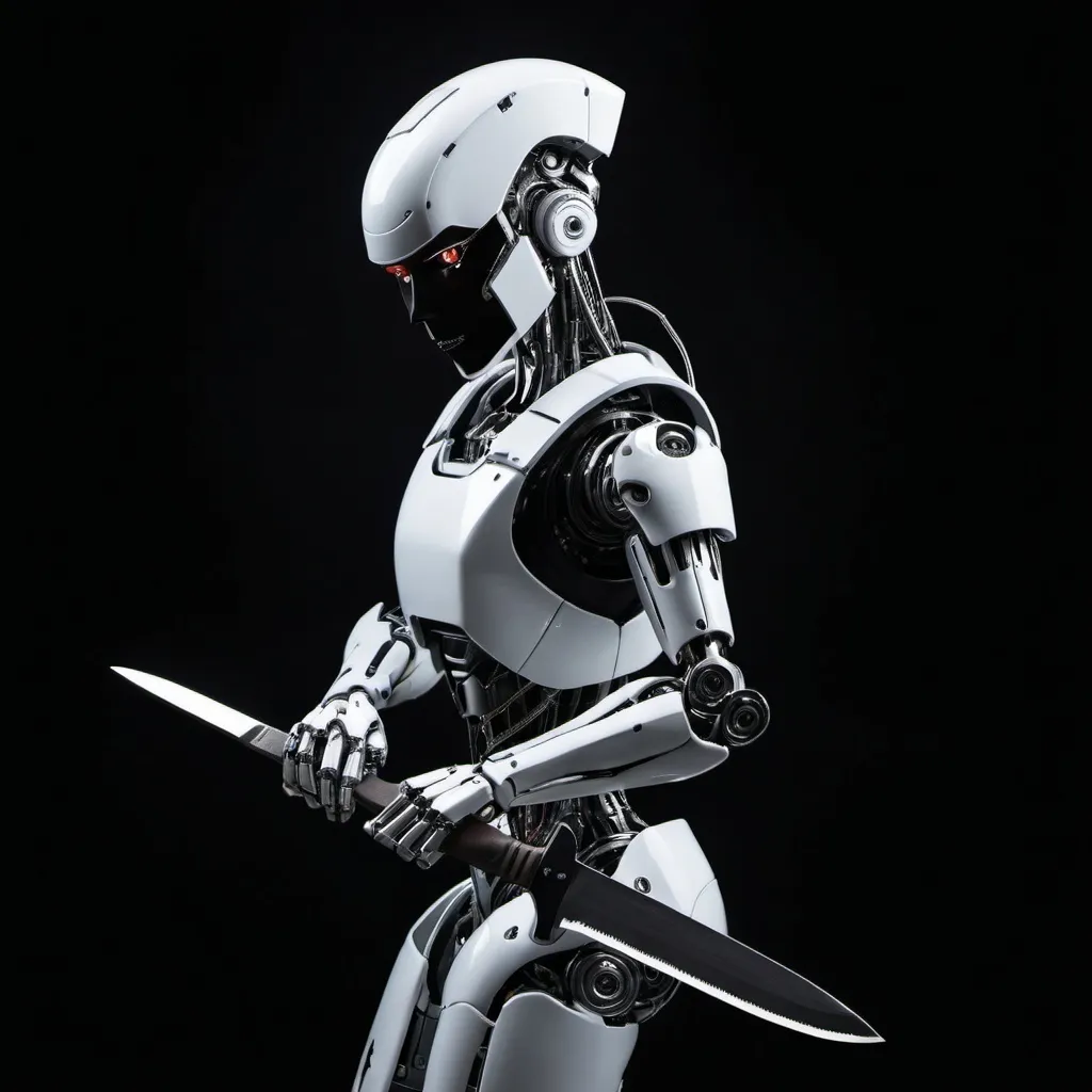 Prompt: a robot holding a knife and a black background with a black background and a black background with a white robot holding a knife and a black background, Ai-Mitsu, les automatistes, cyborg, cyberpunk art