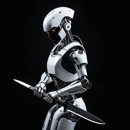 Prompt: a robot holding a knife and a black background with a black background and a black background with a white robot holding a knife and a black background, Ai-Mitsu, les automatistes, cyborg, cyberpunk art