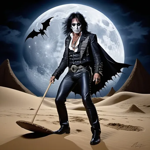 Prompt: (Crashing through the sand), dramatic nocturnal landscape on the dark side of the moon, (surreal) scene with shades of midnight blue and deep black, Alice Cooper in striking rock attire, wielding Ozzy's bat, iconic imagery, ethereal atmosphere as Aero Smith sings "Dream on, Dream on," base playing, soaring into an infinite dream world, (highly detailed) composition, (vivid contrast) between dark lunar sands and celestial visions, (ultra-detailed).