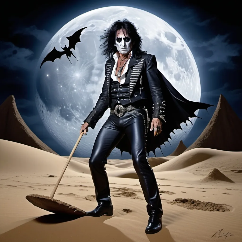 Prompt: (Crashing through the sand), dramatic nocturnal landscape on the dark side of the moon, (surreal) scene with shades of midnight blue and deep black, Alice Cooper in striking rock attire, wielding Ozzy's bat, iconic imagery, ethereal atmosphere as Aero Smith sings "Dream on, Dream on," base playing, soaring into an infinite dream world, (highly detailed) composition, (vivid contrast) between dark lunar sands and celestial visions, (ultra-detailed).