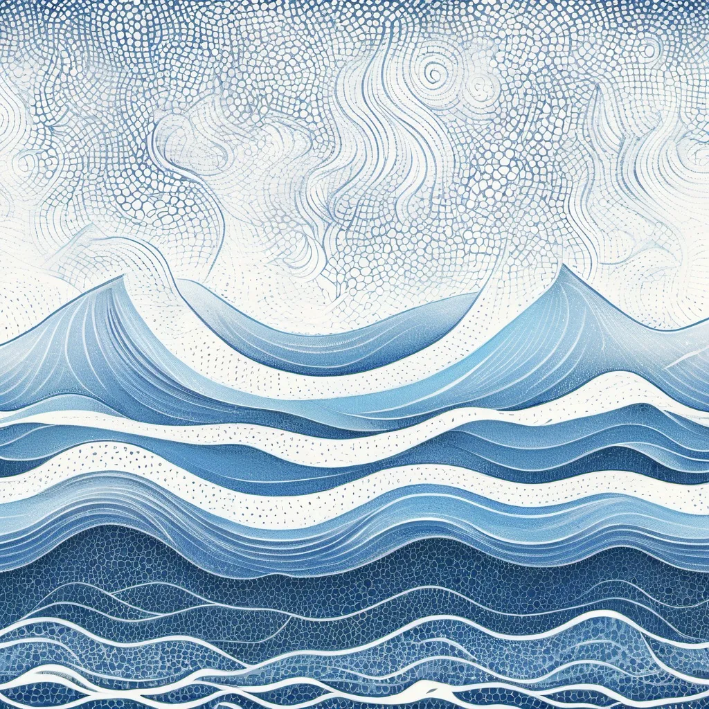 Prompt: Wavy seamless pattern in pointillism style. Add partial blank spaces intermittently. Summer sea background in white and blue, ink and wash  on paper.