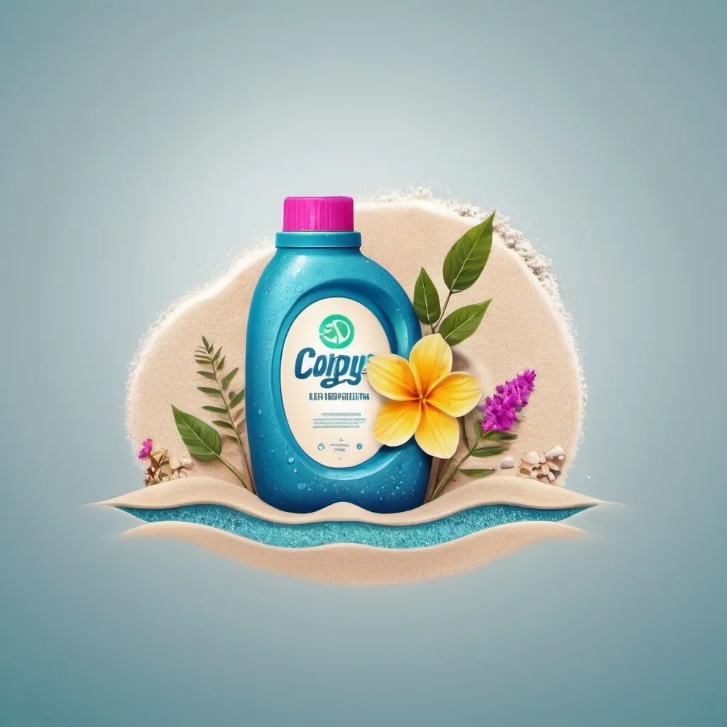 Prompt: Making a logo for detergents on the beach with sand and sea waves and fading flowers and tree leaves