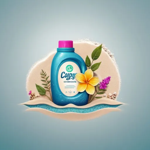 Prompt: Making a logo for detergents on the beach with sand and sea waves and fading flowers and tree leaves