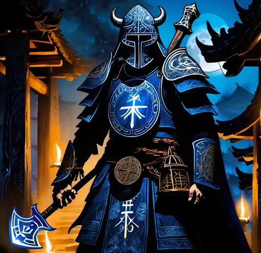 Prompt: A gaunt warrior in ceremonial armor etched with ancient runes, half his face is hidden by a cracked half face wooden mask. His eyes glow faintly beneath. He carries a staff-like bell-axe, hollow and ringing faintly in the wind. The setting is a barren cathedral of stone and bone, lit only by ghostly blue lanterns. His armor looks both sacred and desecrated, draped with fraying vestments. Mist curls around his feet. Dark, solemn mood.
