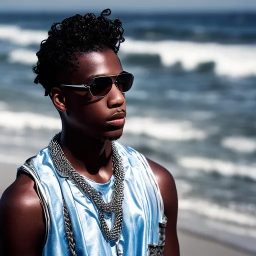Prompt: Ai young black men, beach background, silver chain, waves on head, HD picture, looking up