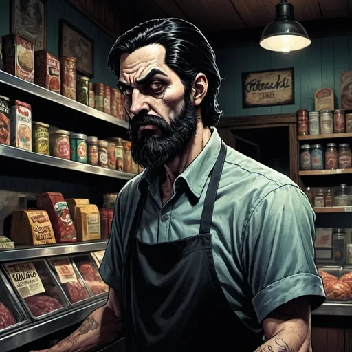 Prompt: Scary male deli clerk black hair and beard dark comic illustration 




