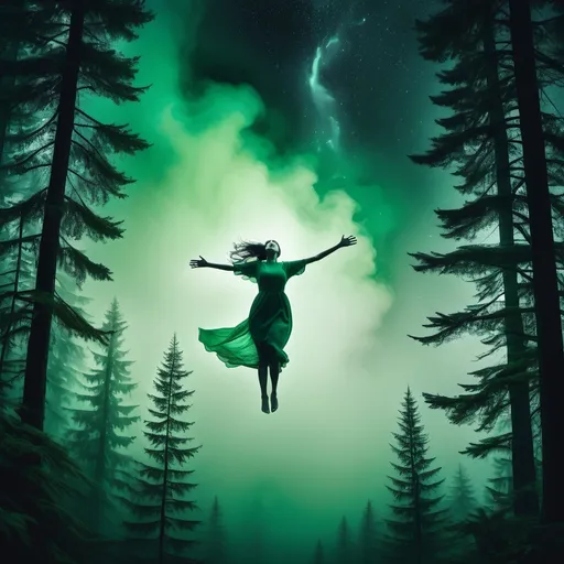 Prompt: Text in image “Rise Above” A woman in a green mist flying in Night sky. Evergreen forest below 