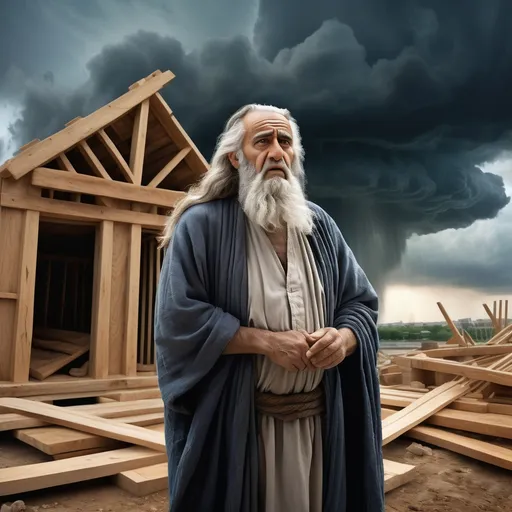Prompt: Create a realistic portrait of Noah before the flood. An elderly Middle Eastern man with a long white beard and flowing hair, weathered features, and strong, muscular arms. He wears rough, ancient robes suited for building, and stands in front of a massive wooden ark under construction. His expression is solemn and determined, with storm clouds in the distance and animals gathering nearby