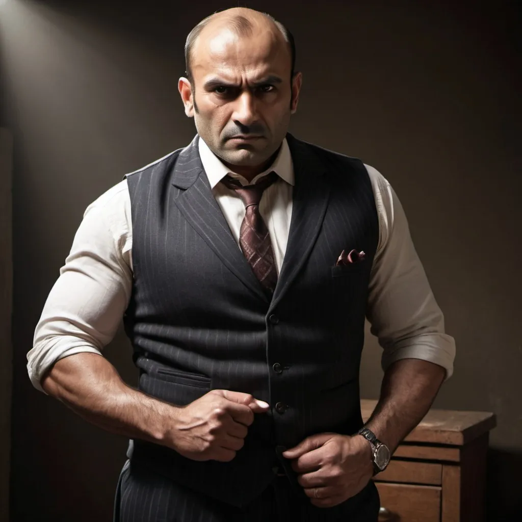 Prompt: (Balding, muscular, over weight,
 tall North Indian) well built , rolled up sleeves highlighting the hairy forearms, wearing a waist coat and shirt like an Italian mobster  dramatic lighting with shadows highlighting his body hair
