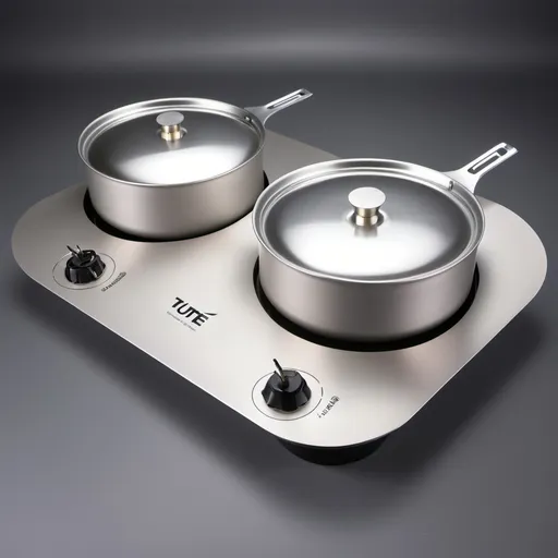 Prompt: An aluminium natural coloured two plate ethanol cooker named TuTe.  Shaped in a curve