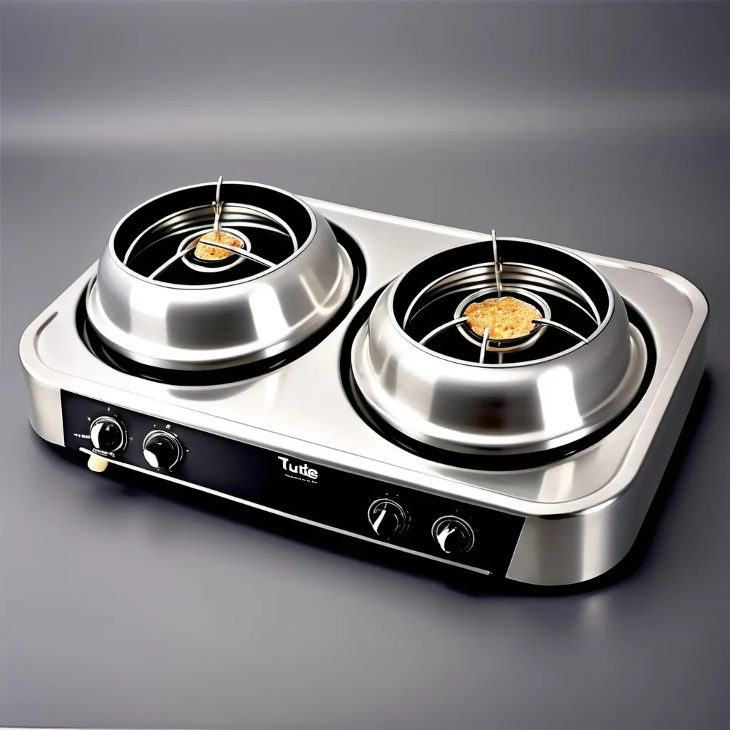 Prompt: An aluminium natural coloured two plate ethanol cooker named TuTe.  Shaped in a curve