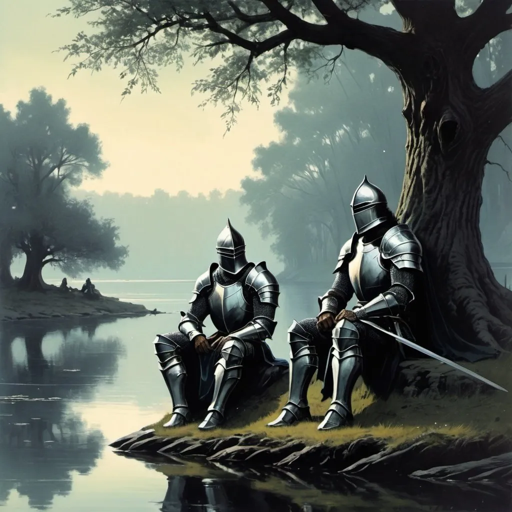 Prompt: 70s dark fantasy art of 2 knight sitting by a lake and a tree