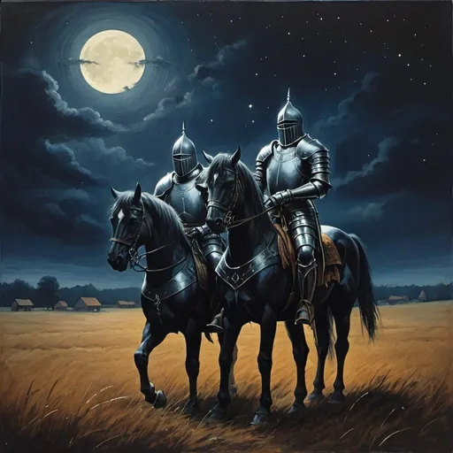Prompt: 70s dark fantasy style painting of 2 knight under the night sky on a field
