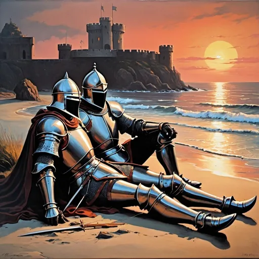 Prompt: 70s dark fantasy painting of 2 knights at sunset laying by seaside