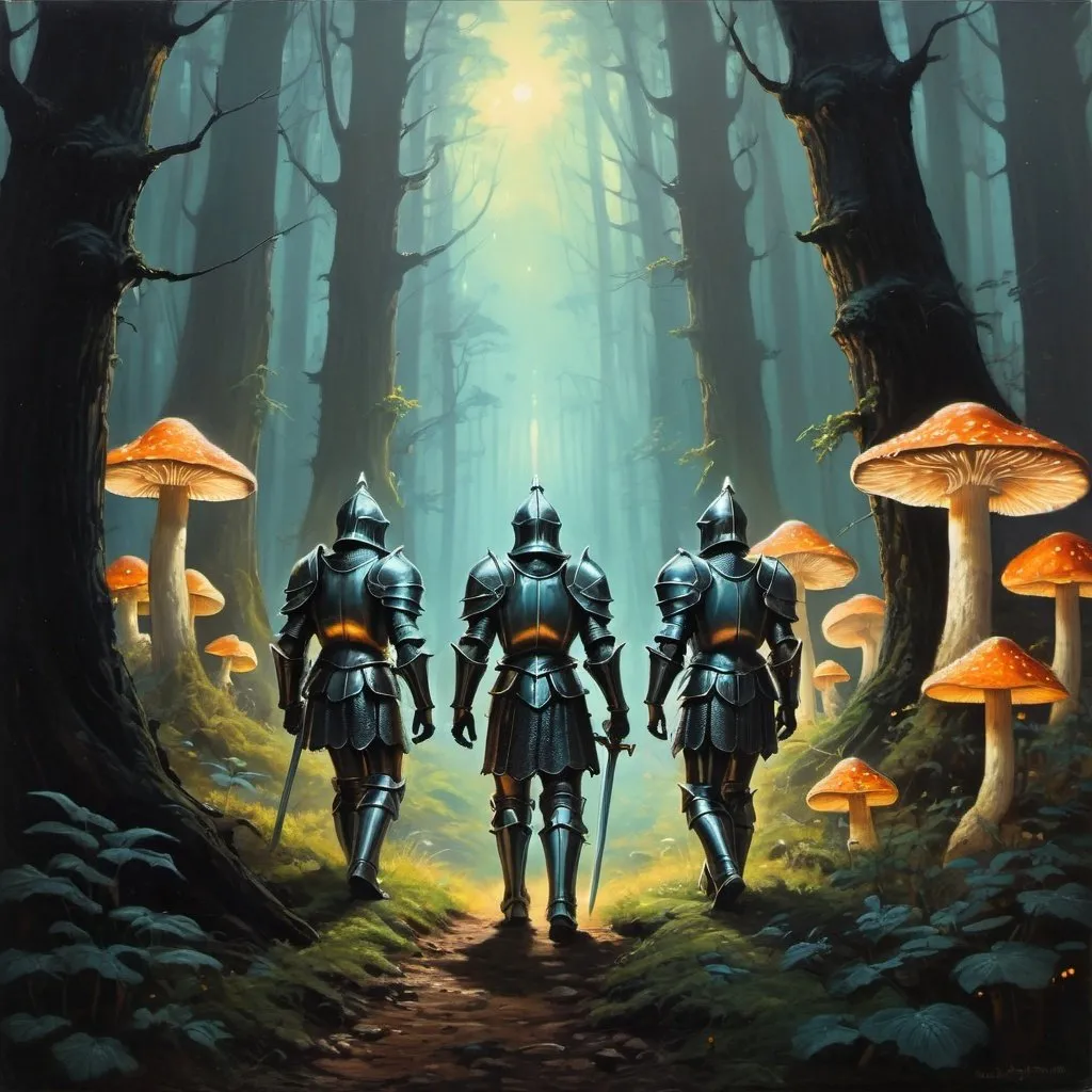 Prompt: 70s dark fantasy style painting of 2 knight walking in a magical forest with glowing tall mushrooms