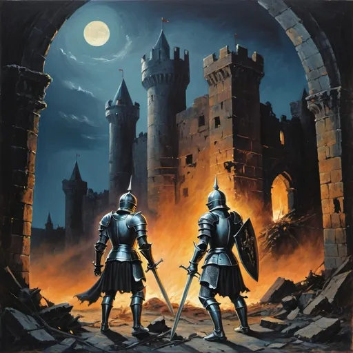 Prompt: 70s dark fantasy style painting of 2 knights exploring a destroyed castle at night
