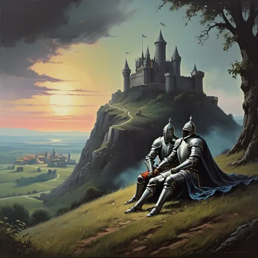 Prompt: 70s dark fantasy style painting of 2 knights laying on a hill and in the distance there is a castle 