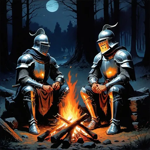 Prompt: 70s dark fantasy art of 2 knight sitting by the campfire at night