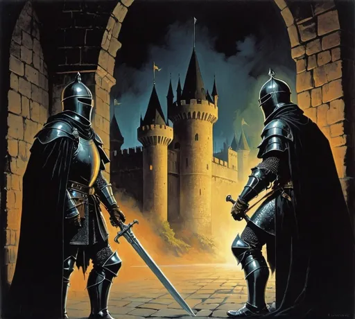 Prompt: 70s dark fantasy art of 2 knights while being a night guard at the castle