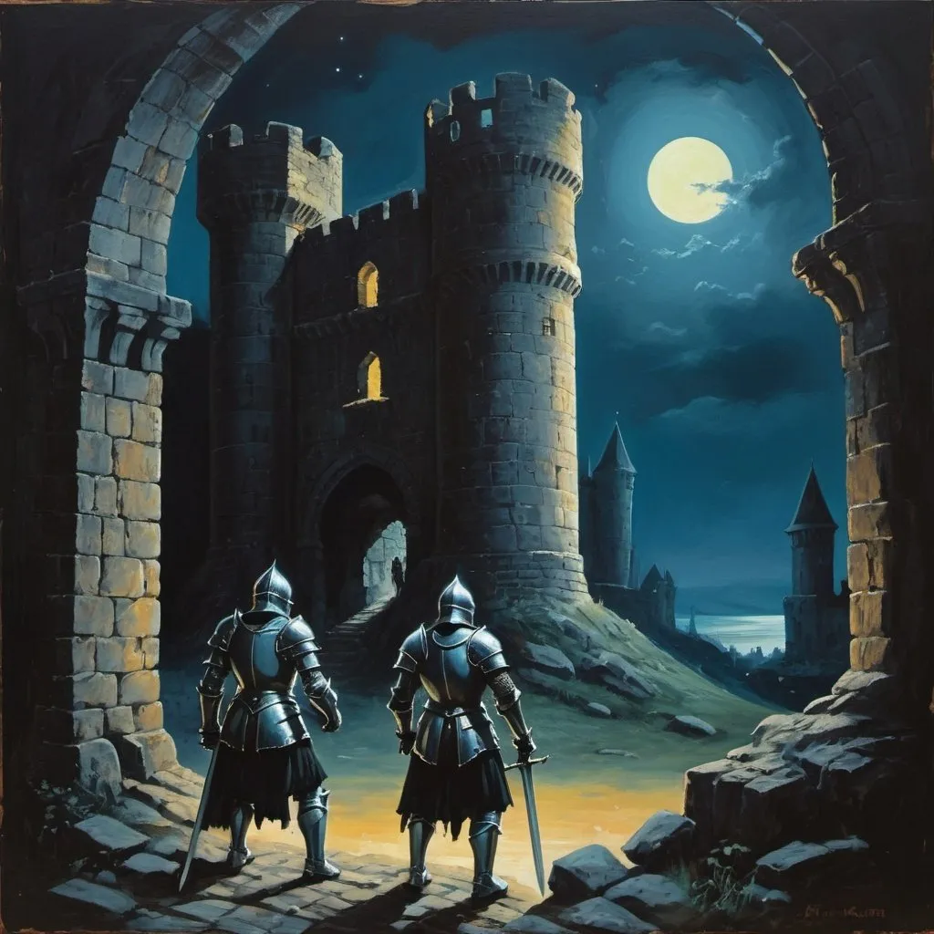 Prompt: 70s dark fantasy style painting of 2 knights exploring a castle ruin at night