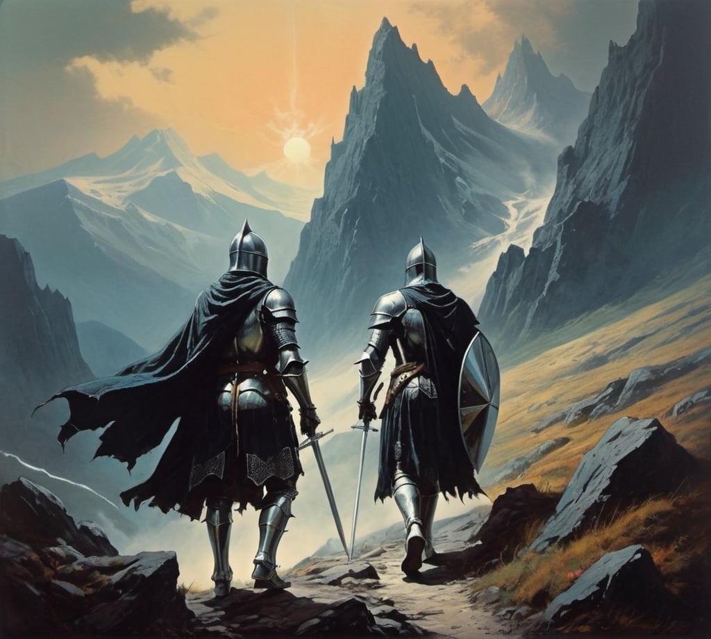 Prompt: 70s dark fantasy art of 2 knight walking in a mountain range