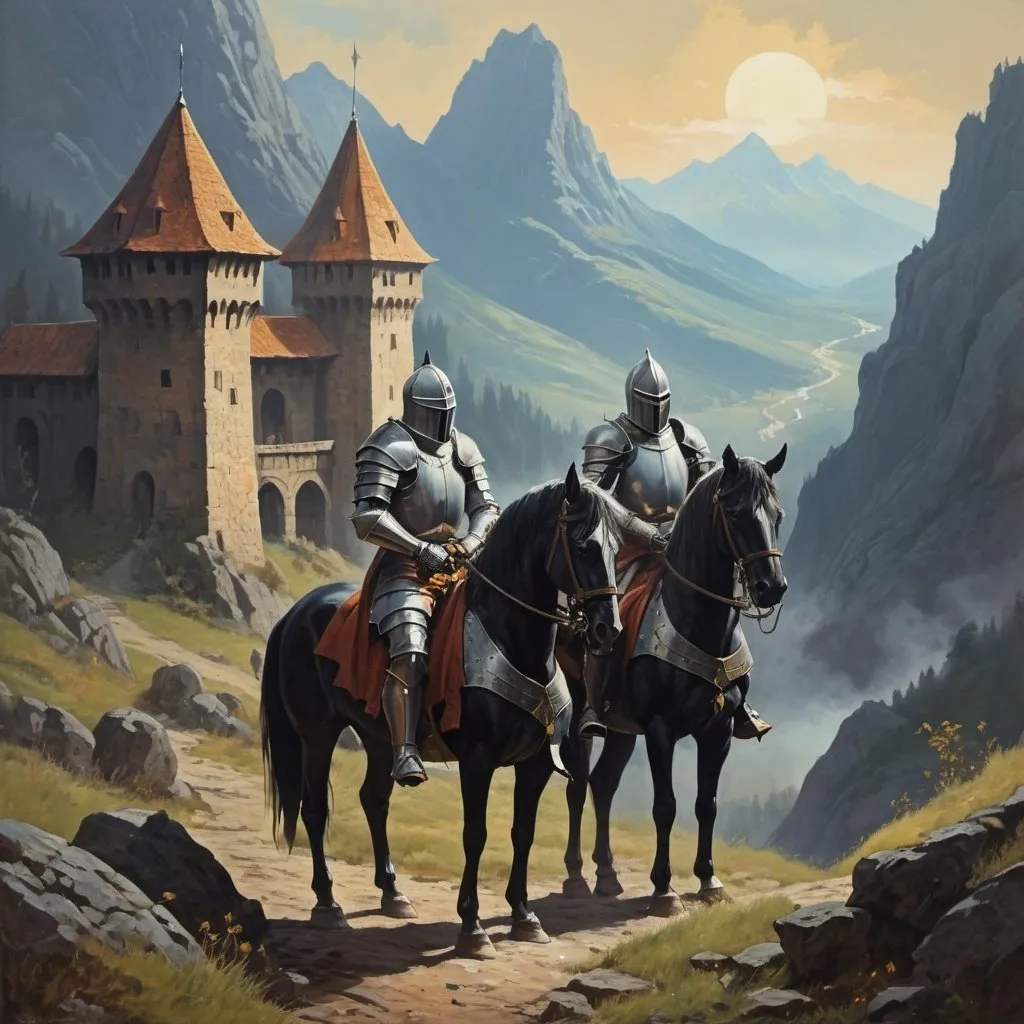 Prompt: 70s dark fantasy style painting of 2 knights at an older viliage in the mountains
