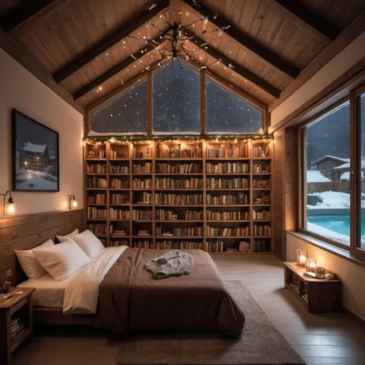 Prompt: a very big Bedroom with cosy bed and cool lights and it is snowing outside with a inside pool in a brown stile and a book shelf and it is dark outside in a village

