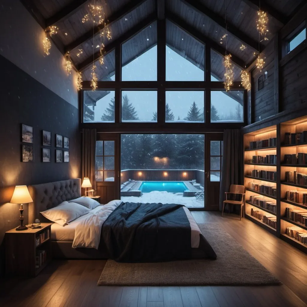 Prompt: a very big Bedroom with cosy bed and cool lights and it is snowing outside with a inside pool in canadian stile and a book shelf and it is dark outside in a village

